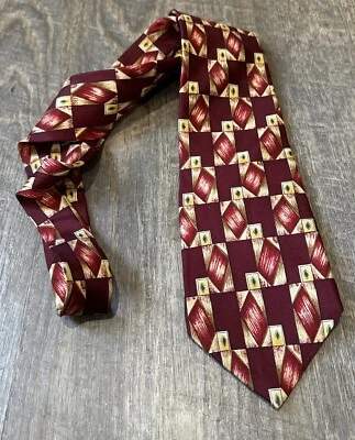 Vintage Andhurst Mens Neck Tie Geometric Abstract Burgundy Silk 56"x4" Retro 80s - Image 1 of 4