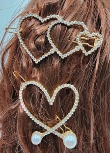Heart Valentine Goldtone Rhinestones Pearls Pair Hair Barrettes - Picture 1 of 9