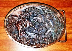Fibbia vintage cowboy grizzly caccia bergamotto ottone funzionante H-146 nuova 1986 - Foto 1 di 2