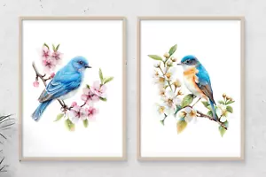Blaue Vögel Drucke, 2er Set Kunstdrucke, Vögel und Blumen Wandkunst Dekor Drucke - Bild 1 von 2