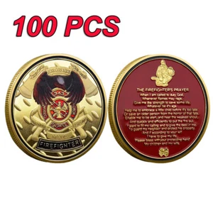 100PCS Fireman Cllectible Thanksgiving US Challenge Coin Firefighter Prayer Gold - Foto 1 di 12
