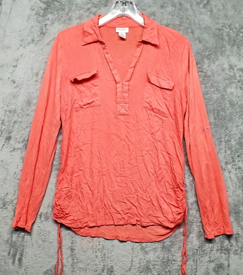 Motherhood Maternity Quarter Button Down Top Small Orangish Roll Tab Sleeve - Image 1 of 4