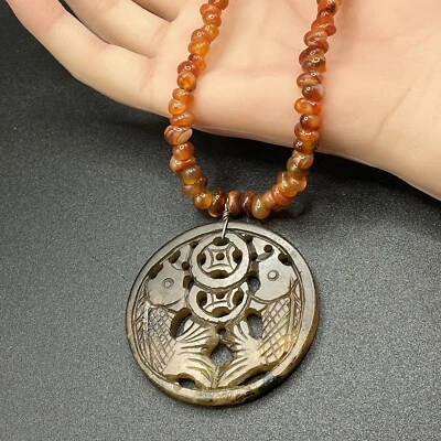 "Colgante de jade marrón tallado de colección - Collar de cuentas de cornalina de 18"" - Cir años 70 - Pez" Foto 1 de 4