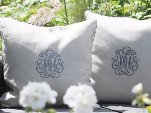 100% LUXURY LINEN GREY FRENCH VINTAGE PIPED CUSHION FEATHER HOME CREAM  SUMMER - Picture 1 of 5