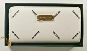 bebe women's Jasmine Zip Around Wallet Clutch White/Black Logo with gift box - Picture 1 of 6