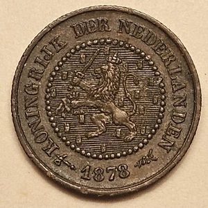 1878 Netherlandw 1/2 Cents Lion Half Cent Almost Uncirculated Chocolate Brown AU - Picture 1 of 2