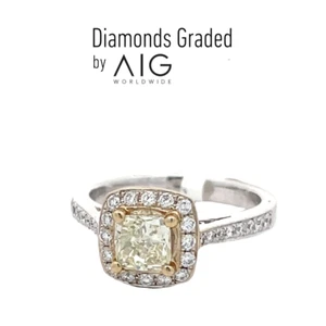 AIG Certified 1.16 CT Yellow SI1 Natural Diamond Ring Cushion Cut 18K White Gold - Picture 1 of 4