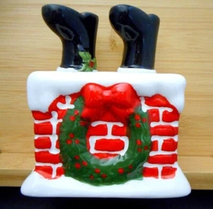 New Christmas Salt & Pepper Shakers Santa's Boots in Chimney Ceramic - Picture 1 of 6
