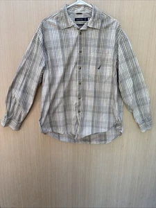 Nautica Men Size L Off White Checked Shirt Sleeve Casual 80s Two-Ply Cotton Flaw - Picture 1 of 9