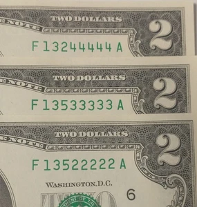 (3)- 2017A-Uncirculated $2 Bills- Fancy Serial #s 22222, 33333, 44444 - Picture 1 of 3