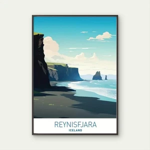 Póster de viaje de roca playa arena negra costera de Islandia Reynisfjara impresión arte de pared - Imagen 1 de 3