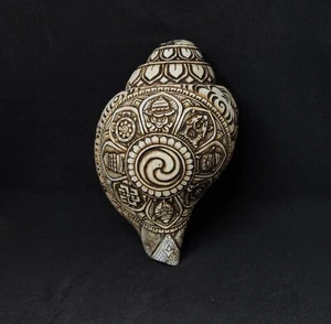 Ocho signos de suerte tibetanos Astamangala monje ritual caracola concha tallada a mano, A2 - Imagen 1 de 6