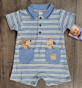 Baby Boy Clothes New Vintage Carter's 0-3 Month Dog Gone Cute Striped Romper - Picture 1 of 3