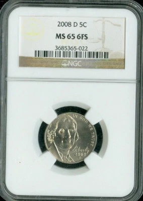 2008 D JEFFERSON NICKEL NGC MS65 6FS 2ND FINEST BUSINESS  . - Image 1 of 2
