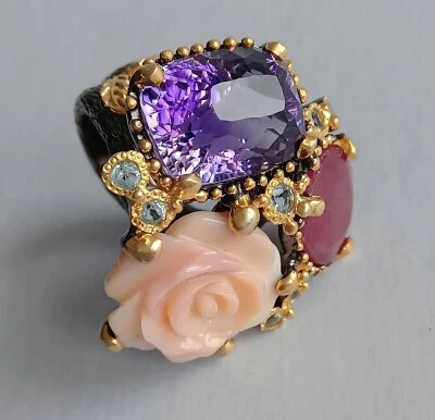 ANELLO ARG.ST. 925 BRUNITO: RUBINO MASSIVO, AMETISTA E CONCHIGLIA ROSA NATURALI - Immagine 1 di 4