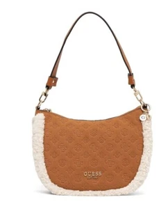 GUESS Davika Quattro G faux-suede Sherpa trim hobo shoulder bag - Cognac/Tan - Picture 1 of 15