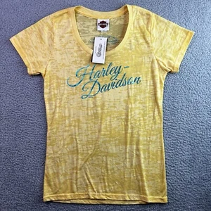 Harely-Davidson Womens T-Shirt Yellow Metallic Blue Short Sleeve XL New - Picture 1 of 12