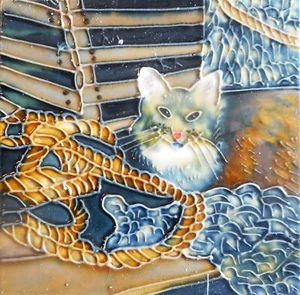 Cat hand painted ceramic art tile coaster 4 x 4 inches with back - Picture 1 of 1