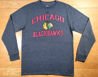 Chicago Blackhawks T-Shirt Mens Medium Gray Red Adult Long Sleeve NHL Hockey Tee - Image 1 of 4