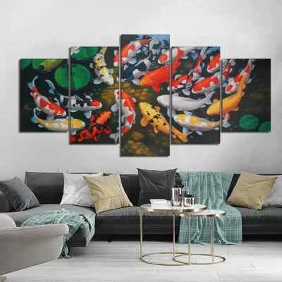 Vibrant Koi Fish Feng Shui Pond Goldfish 5 Piece Panel Canvas Wall Art Decor - Image 1 of 4