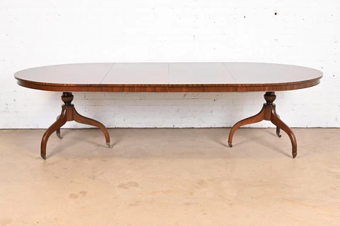 Baker Furniture Style Regency Banded Mahogany Double Pedestal Dining Table Cover