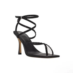 MARC FISHER Womens Black Dallin Square Toe Stiletto Leather Heeled Sandal Size 5 - Picture 1 of 4