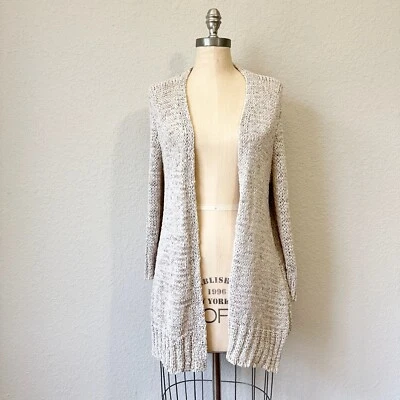 Cárdigan largo plumero EILEEN FISHER para mujer talla L beige frente abierto tejido mezcla de lino Foto 1 de 4