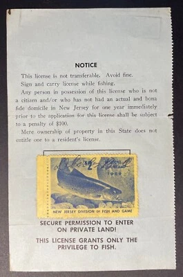 New Jersey 1969 Resident Fishing License #56509 - used - w/Trout Stamp - NJ - Image 1 of 2