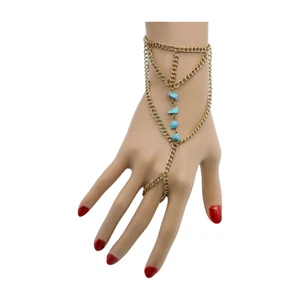 Damen Gold Metall Hand Kette Armband Ring Verbunden Türkis Blau Perlen Schmuck - Bild 1 von 6