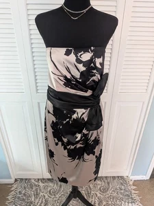 Vestido WHBM Mujer 12 Beige Negro Floral Satén Lazo Sin Tirantes Formal Cóctel Glamour - Imagen 1 de 16