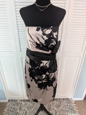 WHBM Dress Womens 12 Beige Black Floral Satin Bow Strapless Formal Cocktail Glam - Image 1 of 4