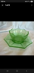 Vintage Uranium Depression Green Glass Oval Dish 6"x6" and 4.5” diameter bowl - Picture 1 of 9