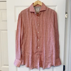 Brunello Cucinelli 100% Linen Long Sleeve Shirt Button Shirt Men’s Large Pink - Picture 1 of 9