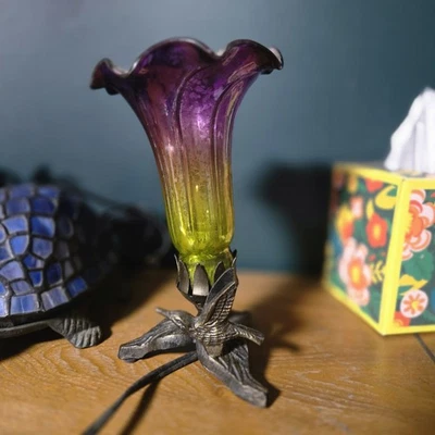 Mercury Glass Flower Lily Table Lamp With Hummingbird Base flower light night - Image 1 of 4