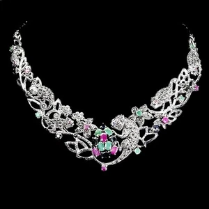 925 Sterling Silver Necklace Emerald Marcasite Ruby Sapphire Chameleon Jewelry - Picture 1 of 13