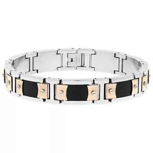 Black Resin and Rose Ion Plated Stainless Steel Link Bracelet For Men - 8.5 Inch - Picture 1 of 5