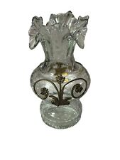 Antique Crackle Clear Vase Ruffle Brass Design Venetian Style Hollywood Regency