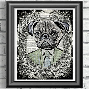 Pug Print Vintage Dictionary Page Wall Art Picture dog in suit Home Decor