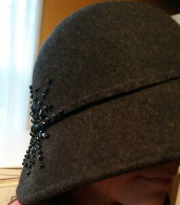 Scala Womens Charcoal Gray Felted Wool Cloche Hat Bead Accent One Size EXCELLENT