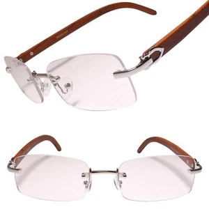 Designer Faux Wood Temple Silver & Brown Rimless Rectangle Clear Lens Glasses - Picture 1 of 4