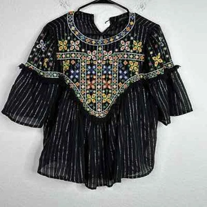 Zara Shirt Women Medium Black Embroidered Crochet Short Sleeve Bell Boho Blouse - Picture 1 of 12