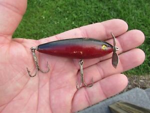 Unmarked Vintage Red & Black Wooden Spinner Minnow Fishing Lure, 3" Long