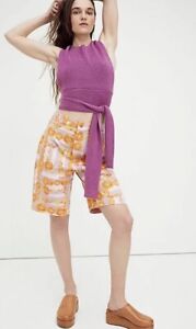 NEW Free People Women's Floral Pink Orange Yellow COTTON Shorts size 10 Medium
