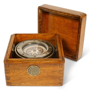 Bronze Lifeboat Compass In Antiqued Wooden Case 4.7" Nautical Decor Gift New - Picture 1 of 4
