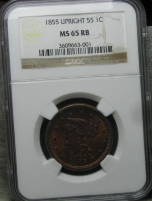 1855 Braided Hair Large Cent Penny ---- MS-65 RB NGC ---- #765A - Image 1 of 4