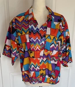 Vintage Sandy Starkman buntes kurzärmliges Hemd mit geometrischem & Paillettenkragen - Bild 1 von 9