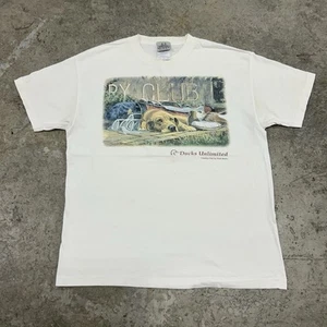 Vintage 90s Ducks Unlimited Nature Art Tee Shirt Adult Large White Cute Dog Rare - Picture 1 of 8