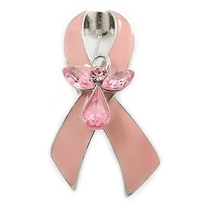 Baby Pink Enamel Crystal Angel Breast Cancer Awareness Ribbon Pin In Rhodium - Picture 1 of 4