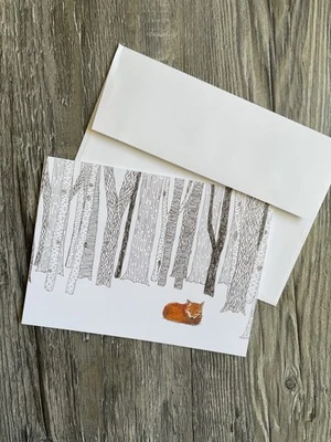 Caja de 10 tarjetas de felicitación y sobres en blanco Art Fox In Winter Forest original Foto 1 de 4