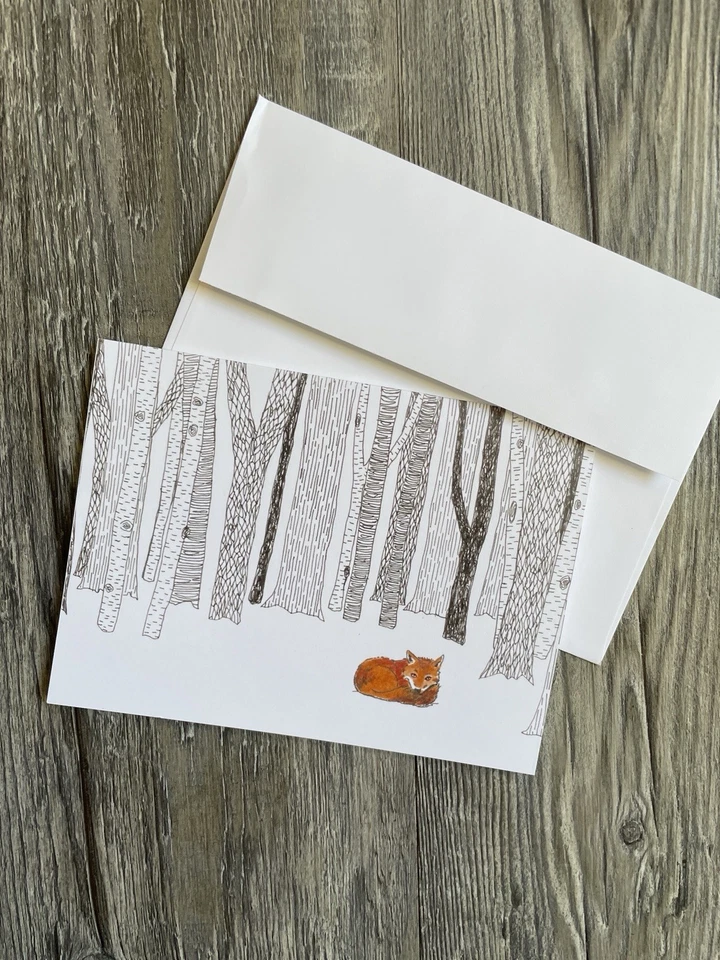Оригинальная художественная лиса в зимнем лесу коробка 10 пустых поздравительных открыток и конвертов - Изображение 1 из 4